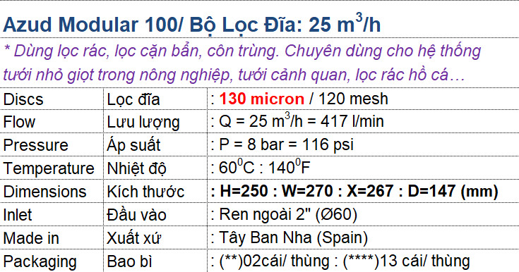 Bộ lọc đĩa Azud (17L1F120): 25 m3/h, D60